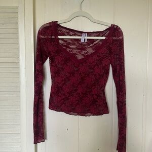 Urban Outfitters Burgundy Floral Lace Long Sleeve Top